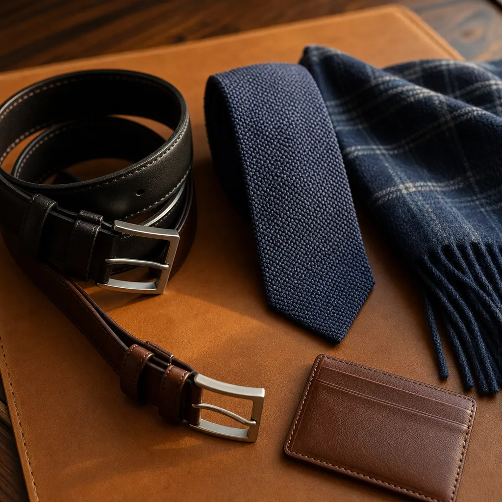 Leather belts, a woven silk tie and cardholder on a leather desk pad