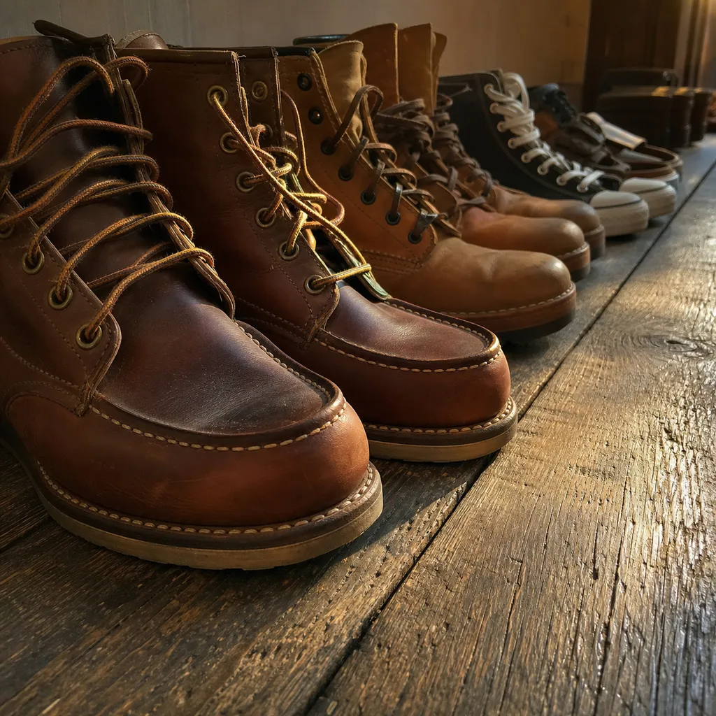 Leather boots and sneakers lined up on a weathered oak floor