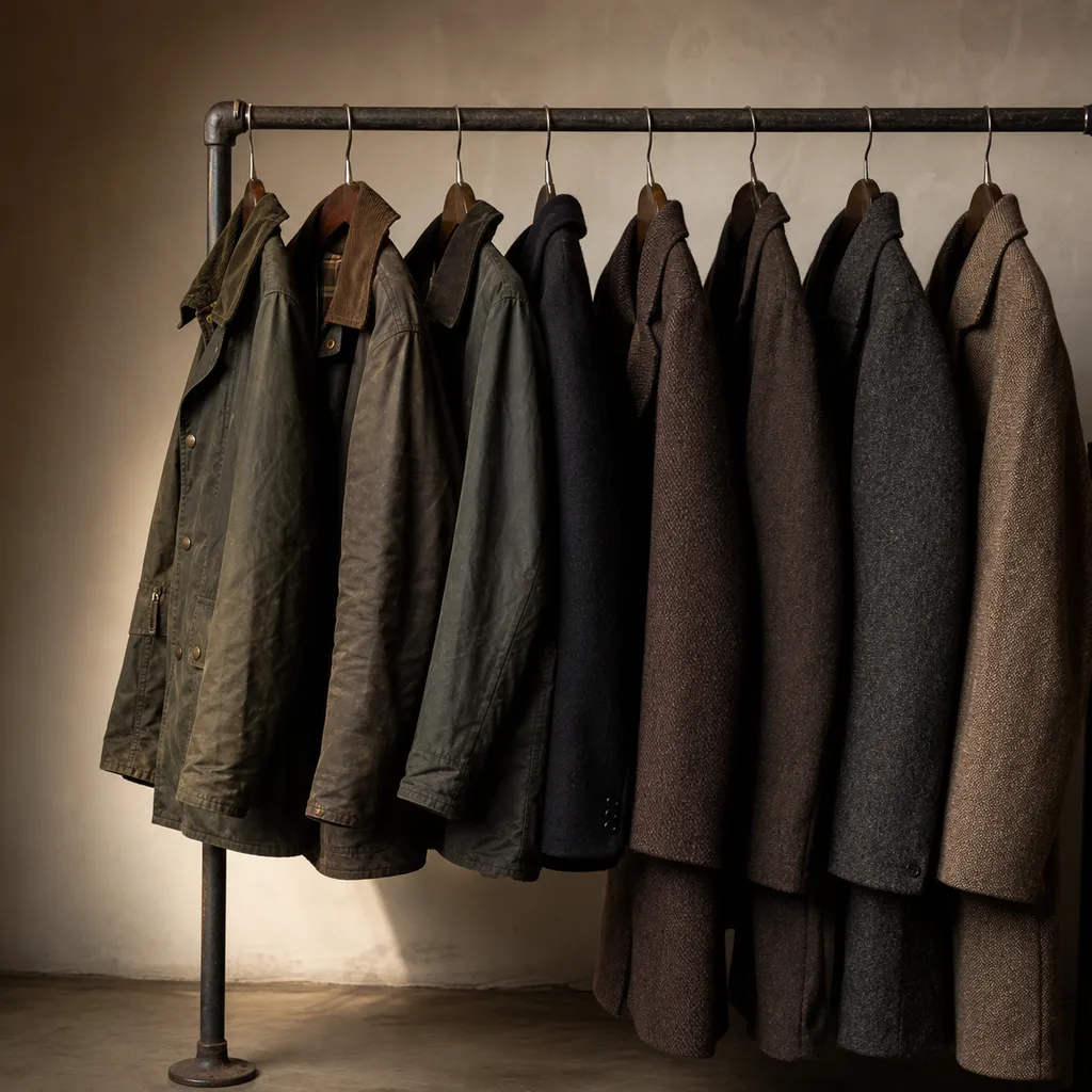 Waxed-cotton parkas and wool overcoats on a steel garment rail