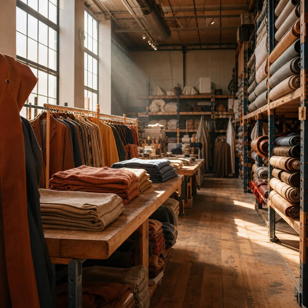 Sunlit apparel warehouse showroom with wooden racks of folded knitwear and hanging coats in warm ochre and camel tones