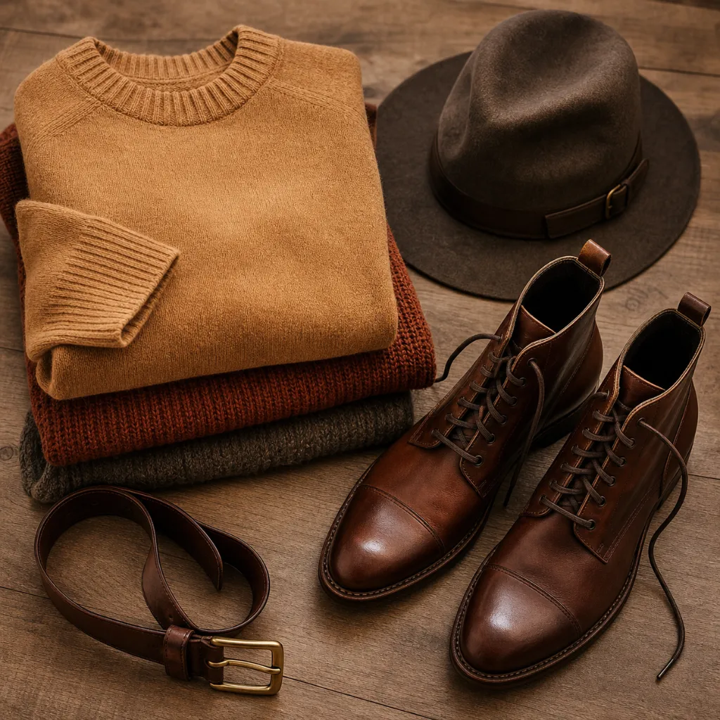 Styled flat-lay of camel and rust knitwear, a leather belt, chestnut boots and a wool felt hat