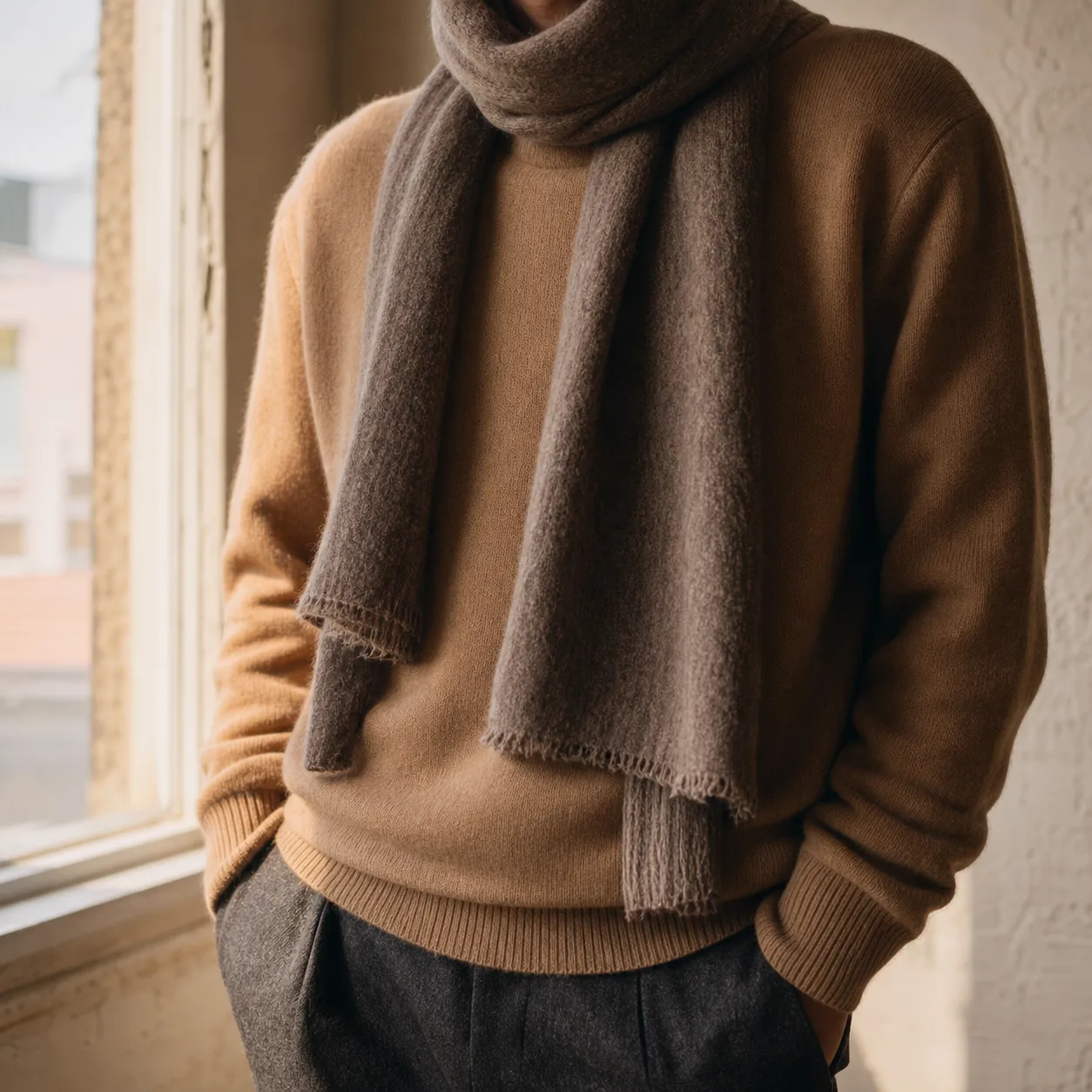 Person wearing a camel merino sweater and wool scarf, hands in pockets