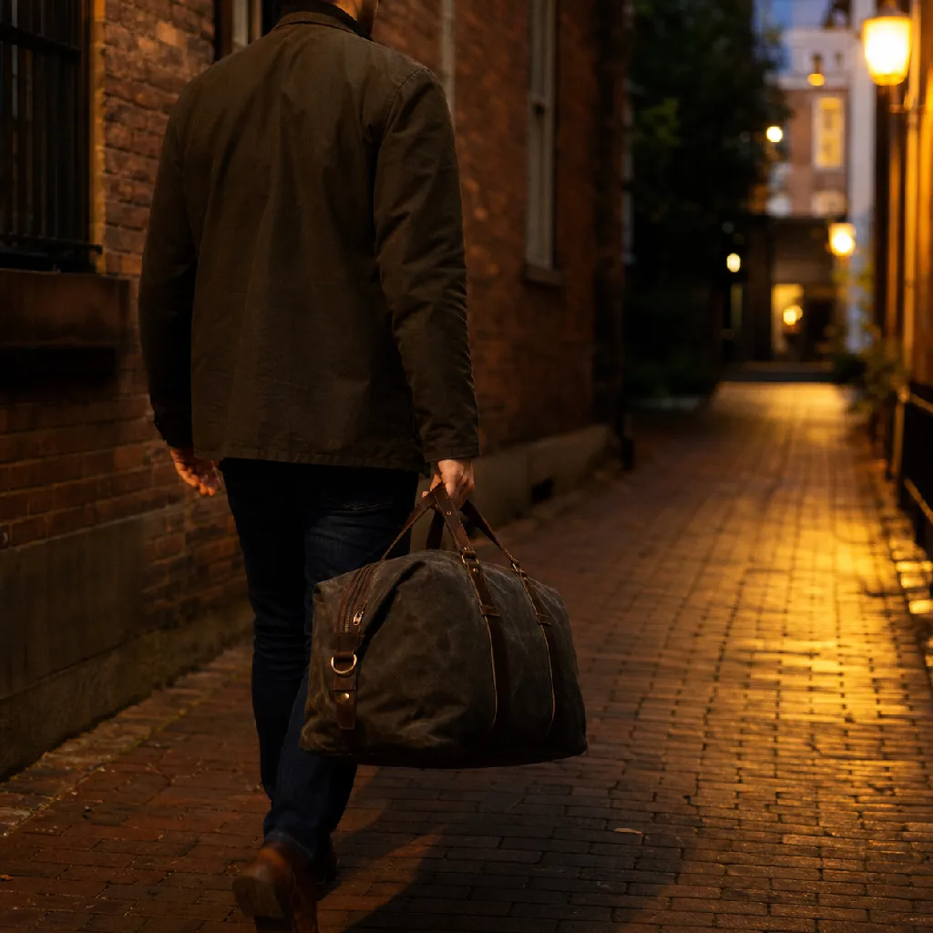 Person carrying a waxed-canvas weekender duffel down a brick side street at dusk