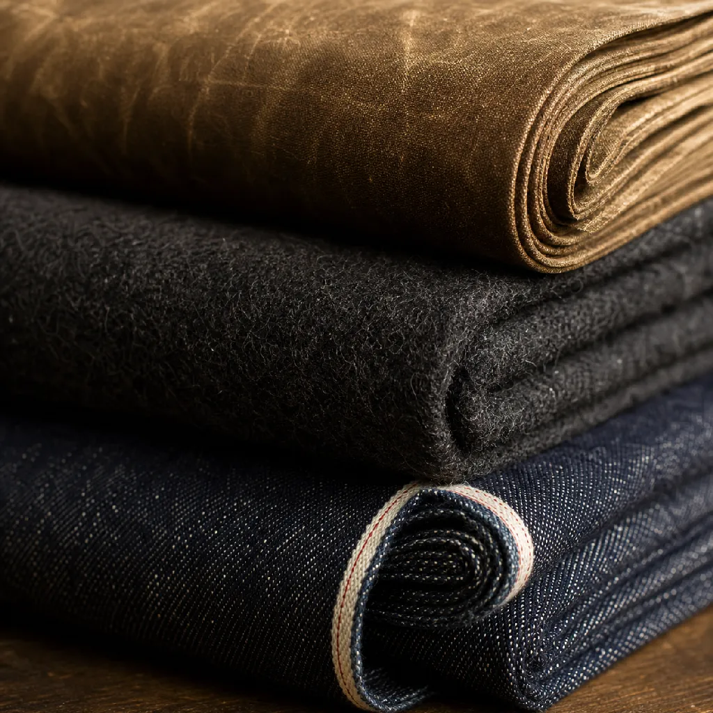 Stacked fabric bolts of waxed canvas, wool melton and selvedge denim with visible weave