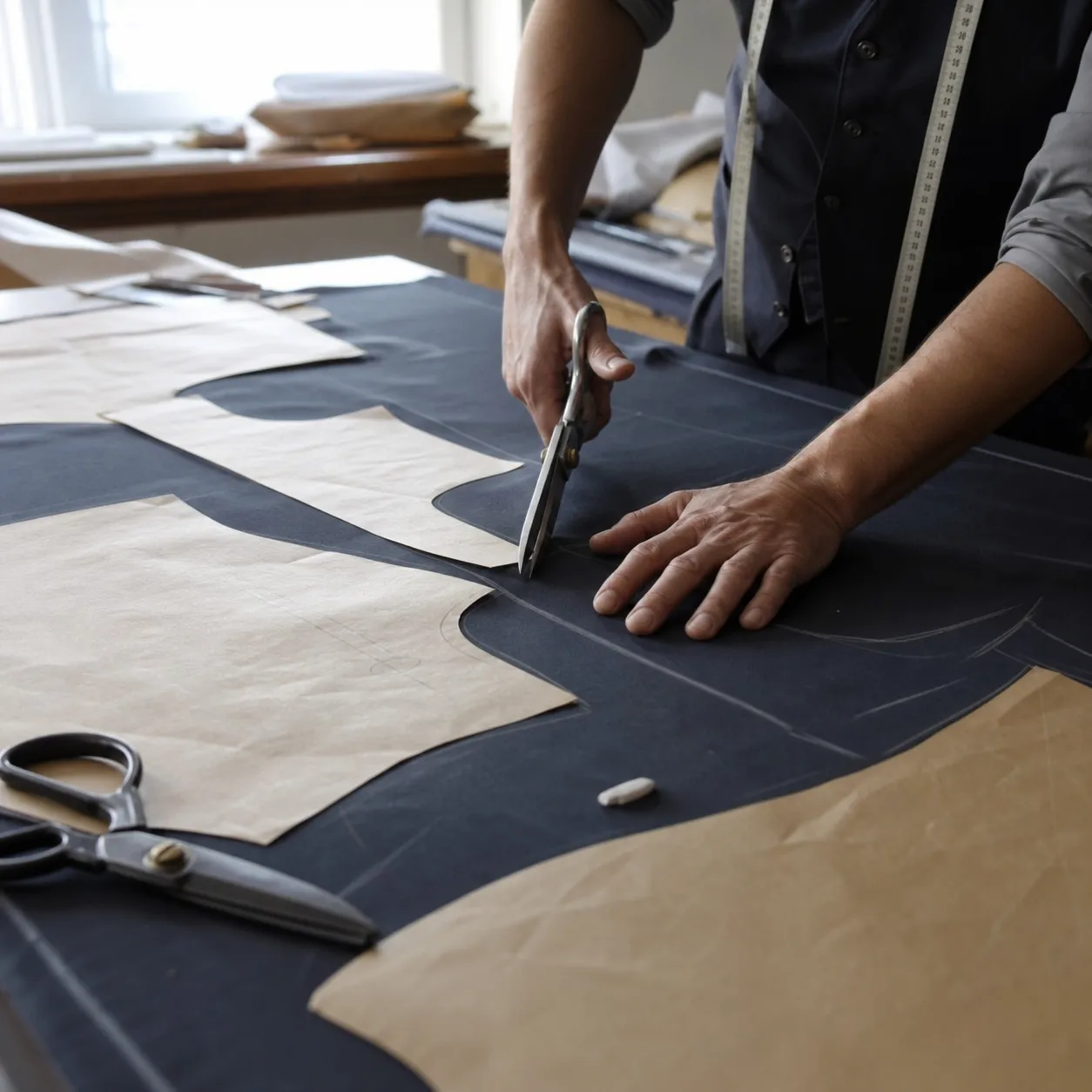 Hands cutting cloth on a large pattern table strewn with paper patterns and shears